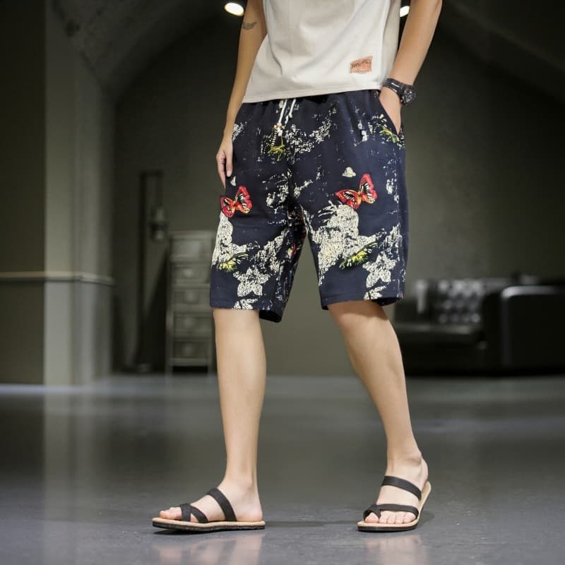 Men's Casual Cotton Linen Shorts Five-Quarter Quick Dry Loose Beach Pants Sporty Wide Leg Trousers Animal Print Summer Wear