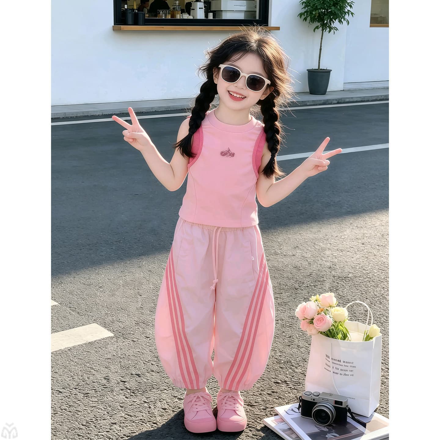 Korean version of children's clothing 2026 summer new style girls' contrasting letter vest tops, medium and large children's Western-style striped overalls