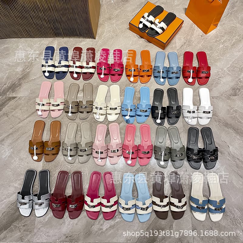 2026 New H Brand Slippers Kelly Belt Buckle High-Quality Color-Blocking Square-Toe Non-Slip Rubber Sole Women's Slippers Wholesale
