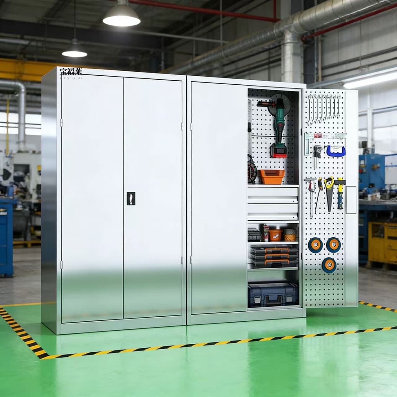 Stainless Steel Heavy Duty Tool Cabinet, Workshop Hardware Tool Storage Cabinet, Factory Reinforced Double Door, Auto Repair Tool Cabinet