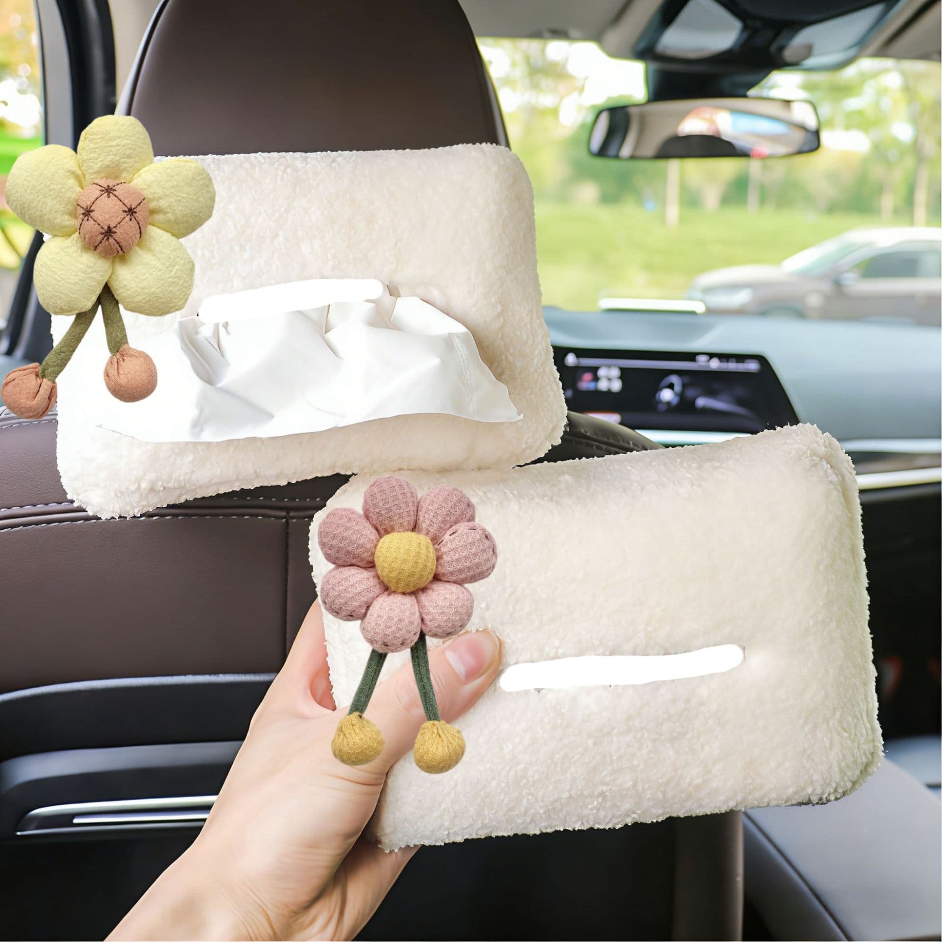 Car Tissue Box with Lamb Wool Sunflower Design, Creative and Cute Car Tissue Holder for Armrest Box
