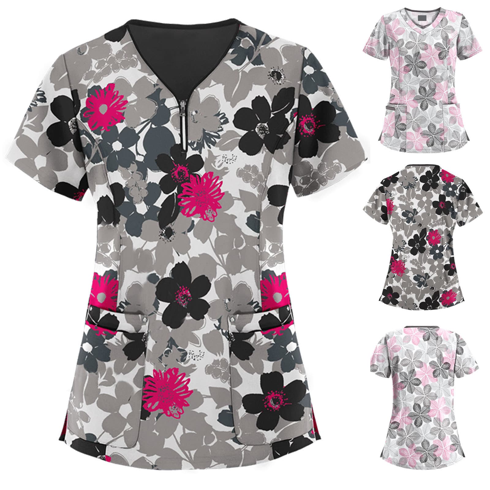 Factory Direct Sales Cross-Border Amazon European and American Mid-Length Slim Printed Pullover Nurse Uniform V-Neck T-Shirt Women Pink