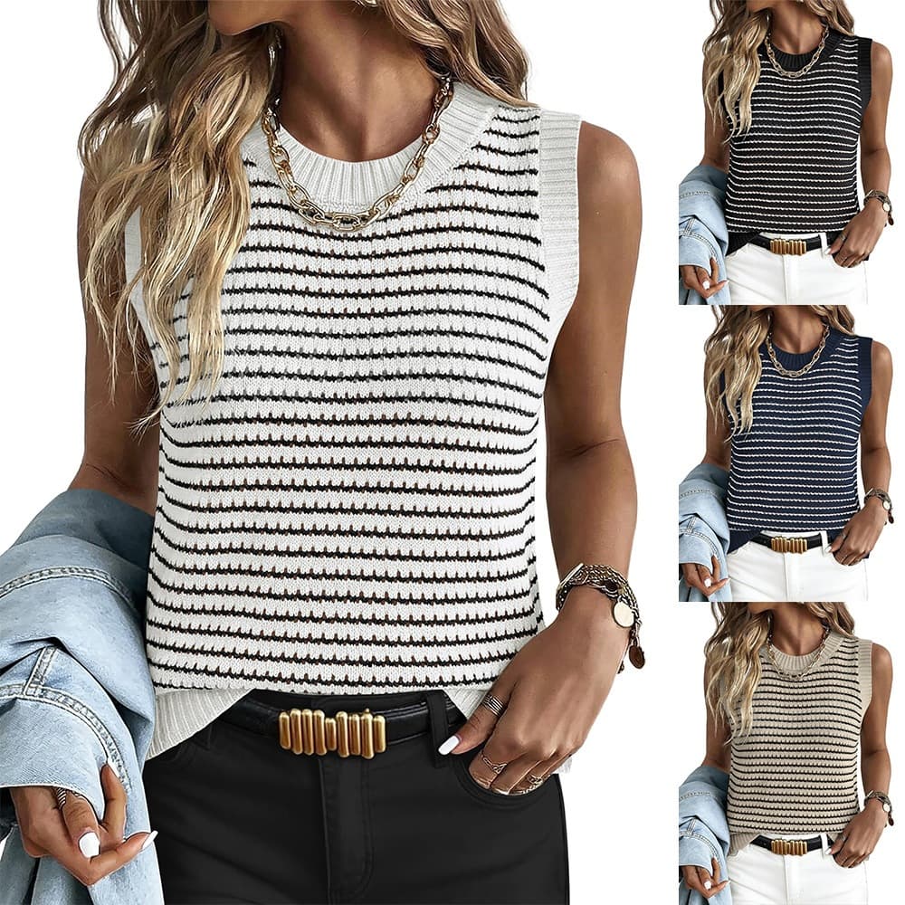 2025 Summer New Cross-Border European and American Women's Round Neck Sleeveless Striped Knit Vest Top Hollow Sweater