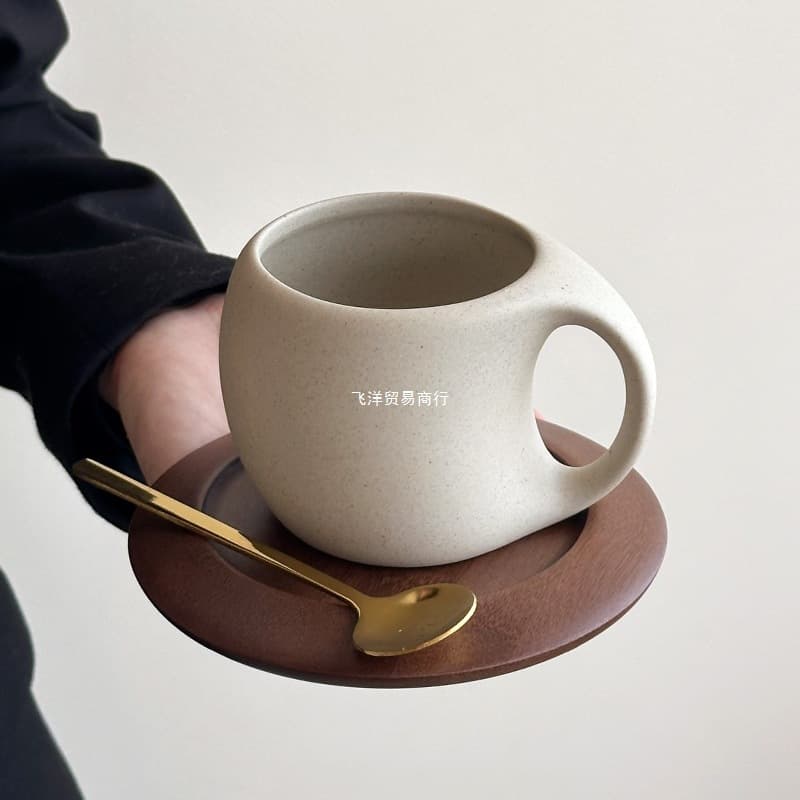 Premium Vintage Ceramic Latte Mug Set with Spoon, Rustic Stoneware Coffee Cup for Afternoon Tea