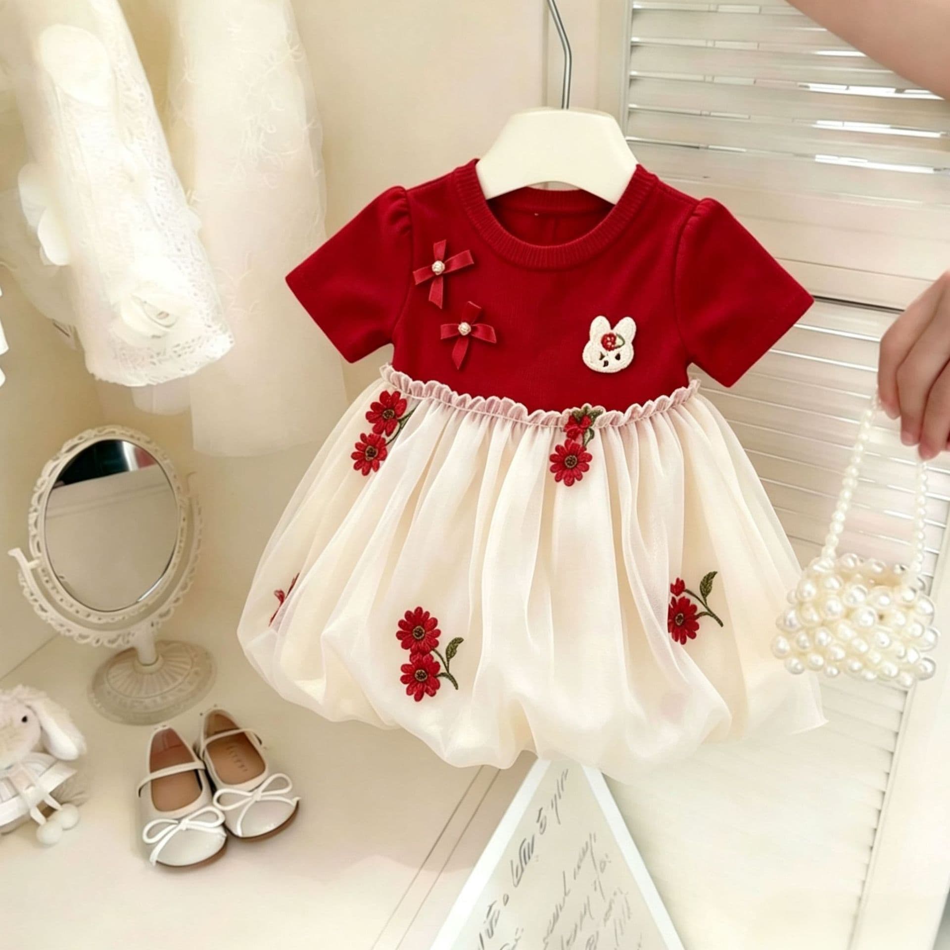 Fashionable children's summer short-sleeved summer dress princess dress with flowers for girls and babies 2026 fashion hot style