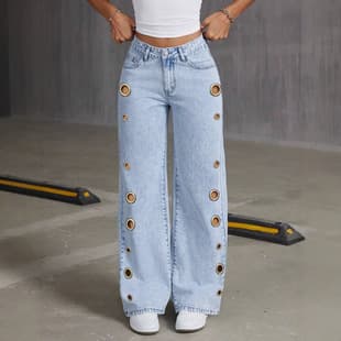 New European and American Style Women's Jeans with Metal Eyelet Design, Casual Loose High-Waist Wide-Leg Jeans