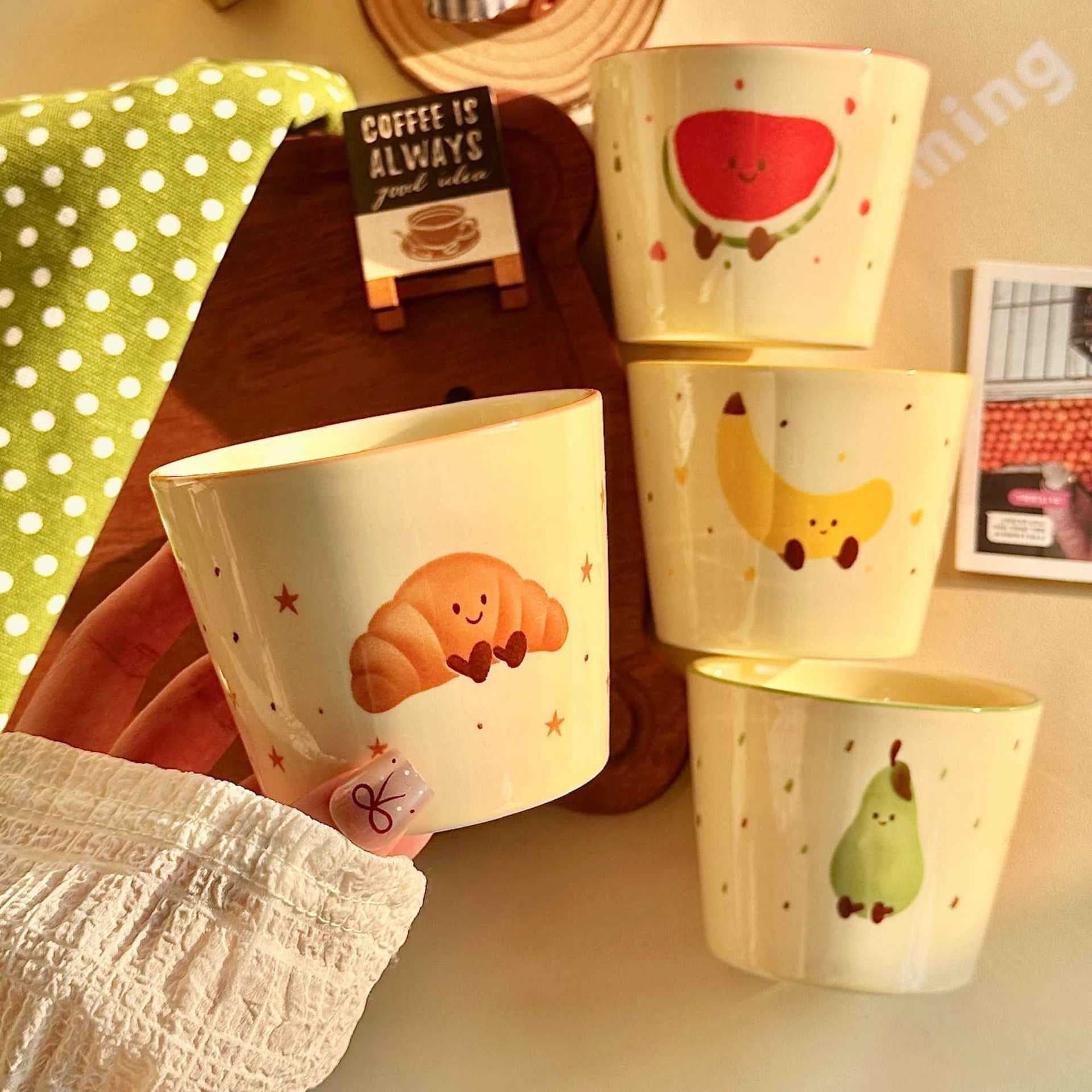 Cute Fruit Croissant Ceramic Mug Home Dorm New High Appearance Breakfast Cup Milk Cup Mug
