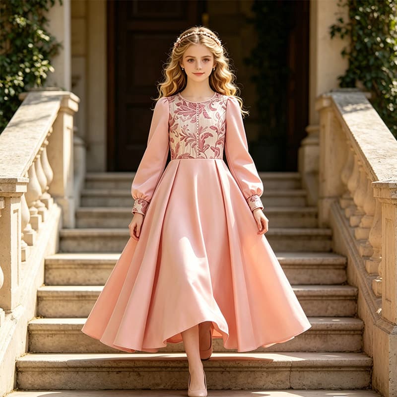 European and American New Style Youth Robe Evening Dress Big Children's Long Dress Girls' Dress Princess Dress Long-Sleeved Wrought Cloth Dress
