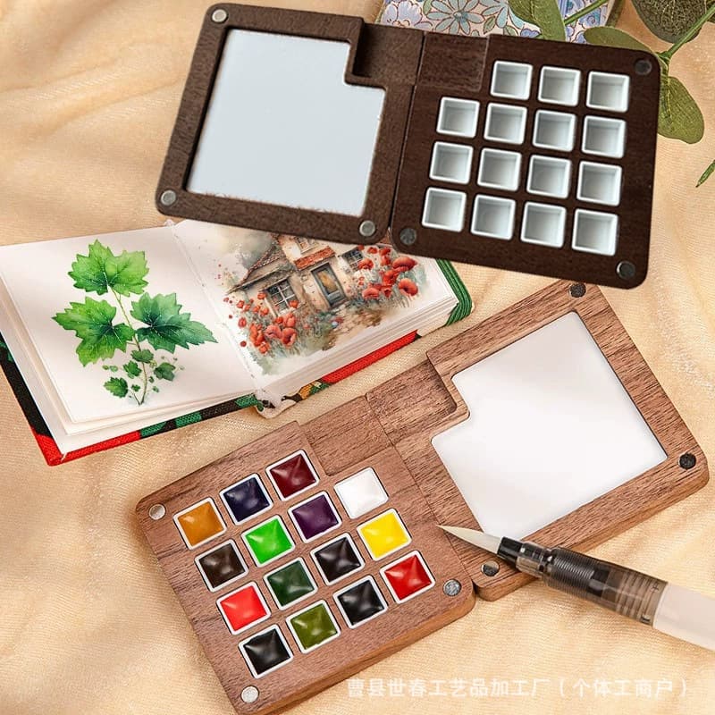 Spot convenient watercolor paint box art sketching watercolor palette drawing board wooden foldable watercolor sub-package tray