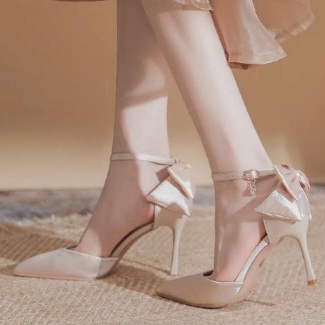 French Elegant Nude High Heels 2026 New Export Bow Solid Color Thin Heels Pointed Toe Fashion Shoes for Women
