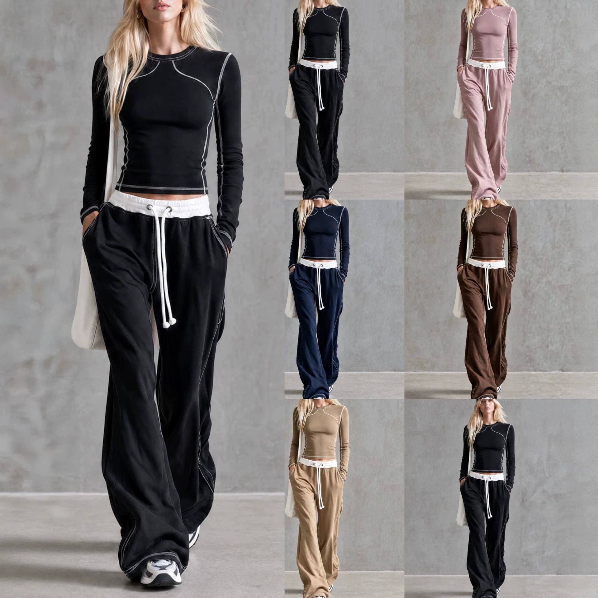 New European and American Style Sportswear Set for Women Long Sleeve Top with Wide Leg Sweatpants Two-Piece Set Fashionable Versatile Comfortable Trendy