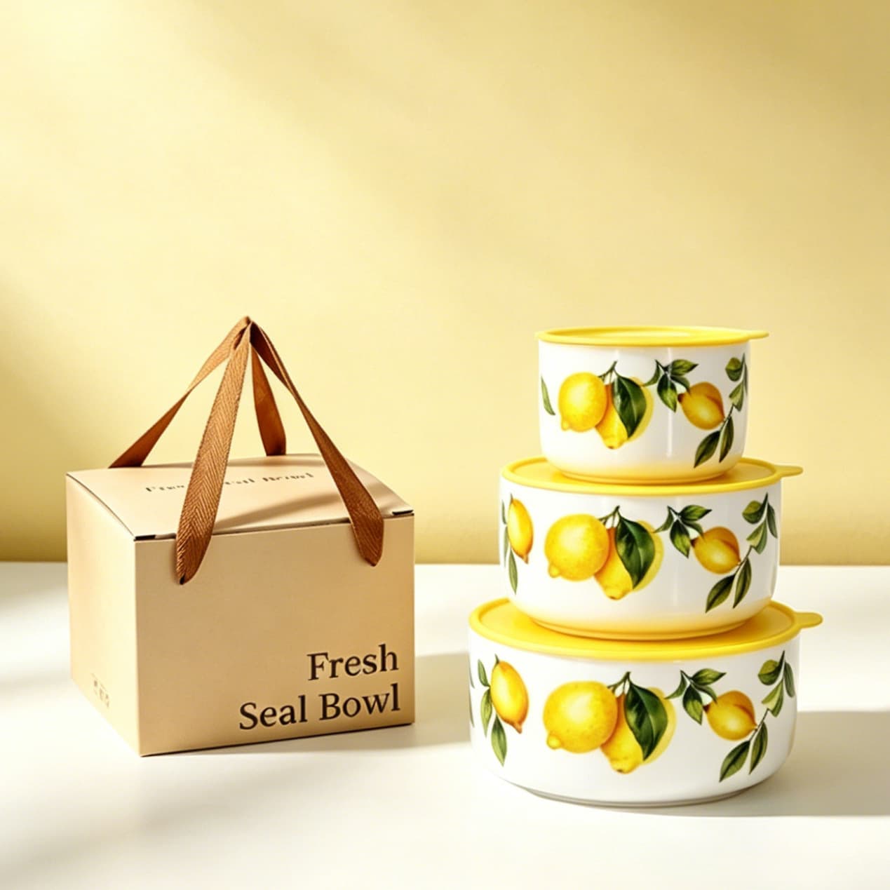 Ceramic Sealed Bowl Lemon Fresh-Keeping Bowl 3-Piece Set Microwave Lunch Box with Lid Fruit Container Gift Box Souvenir Bulk