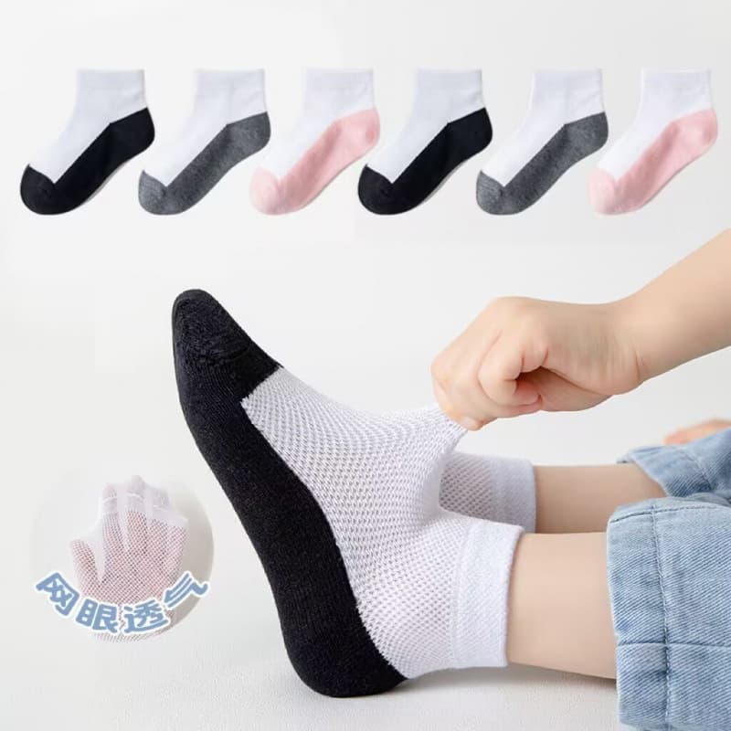 Children's Summer Mesh Mid-Calf Socks, Boys and Girls, School-Age, Color-Block Cotton Socks, Sports Socks