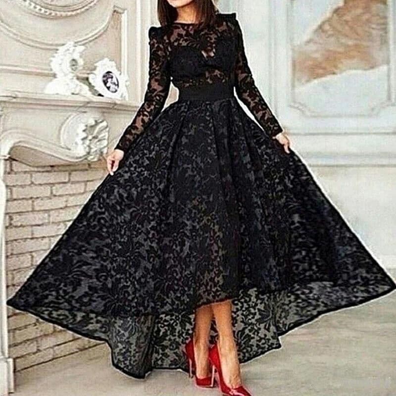European and American foreign trade Amazon AliExpress wish new black lace long-sleeved evening dress with short front and long back