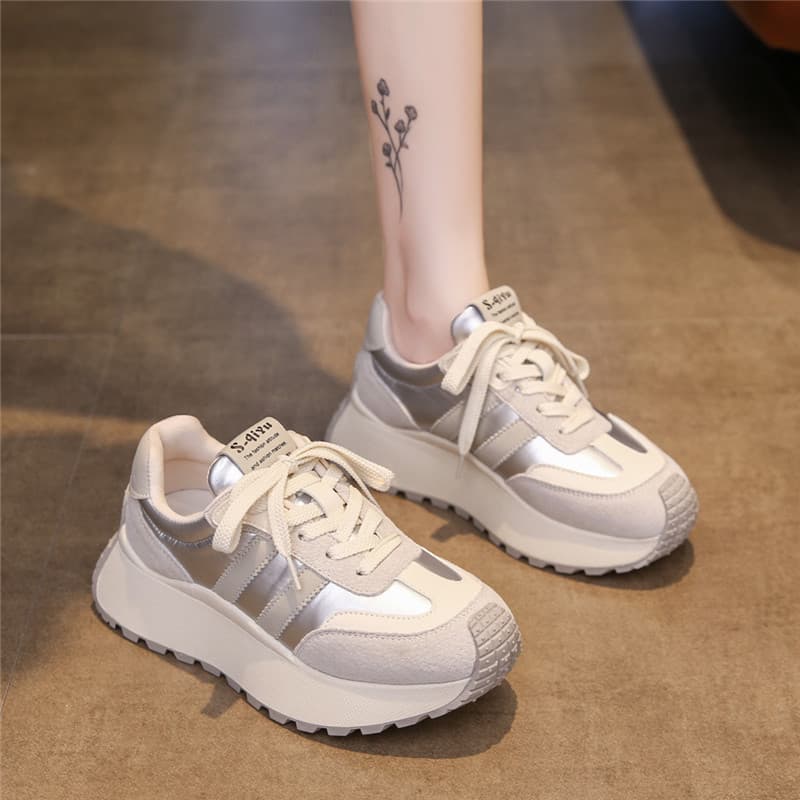 Thick Sole Casual Women's Shoes Waffle Agam Women 2024 New Autumn Flat Shoes Women's Heightening Sports Silver Dad Shoes