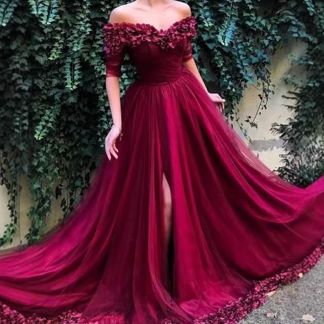 Red Evening Dress Mesh Long Skirt Toast Dress for Petite Brides Engagement Wear Hostess Elegant Gown