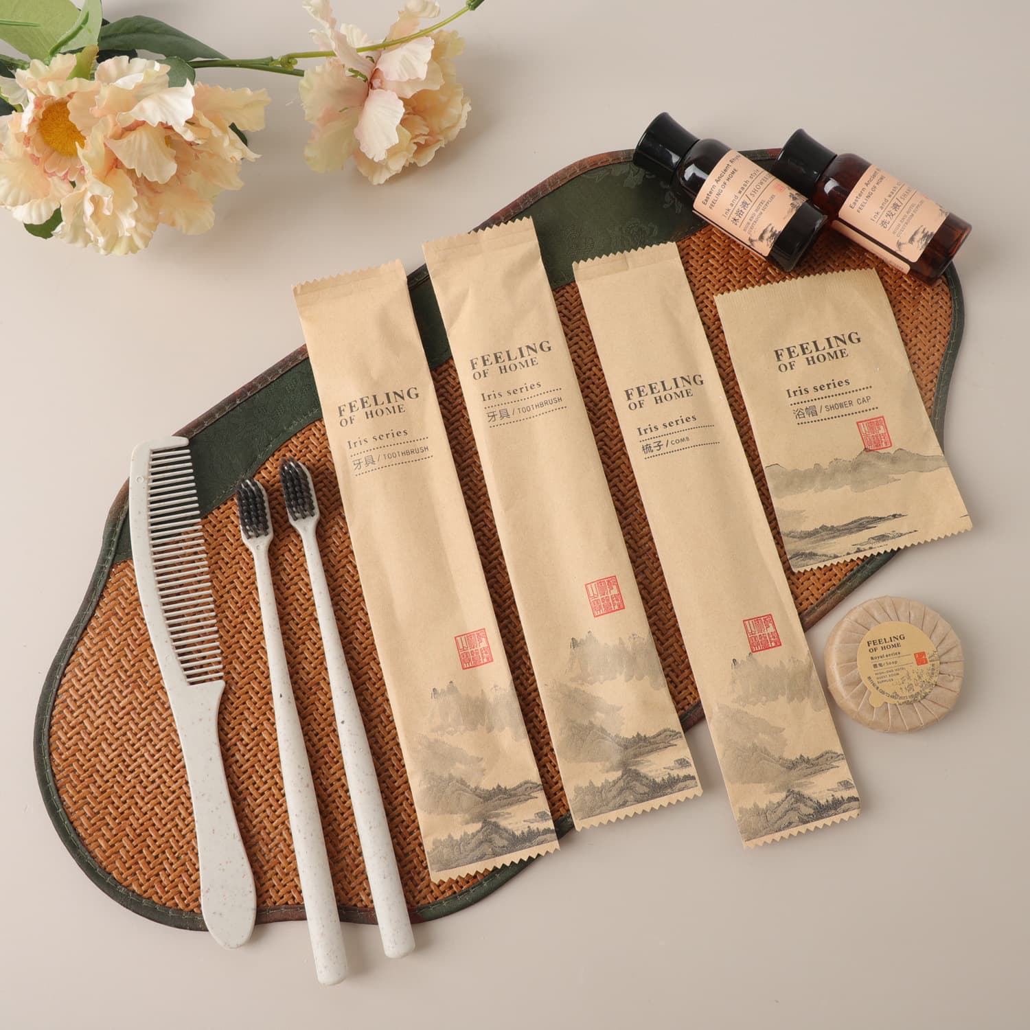 Household/hospitality disposable toiletries set with kraft paper-packaged toothbrush and toothpaste for hotels