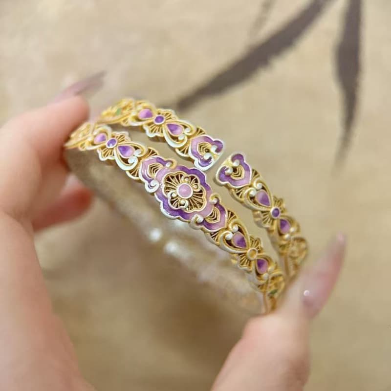 No. 8096 "Filigree Ruyi" 9999 Pure Silver Gold-traced Enamel Open Bracelet, New Chinese Style Heavy Craft Openwork