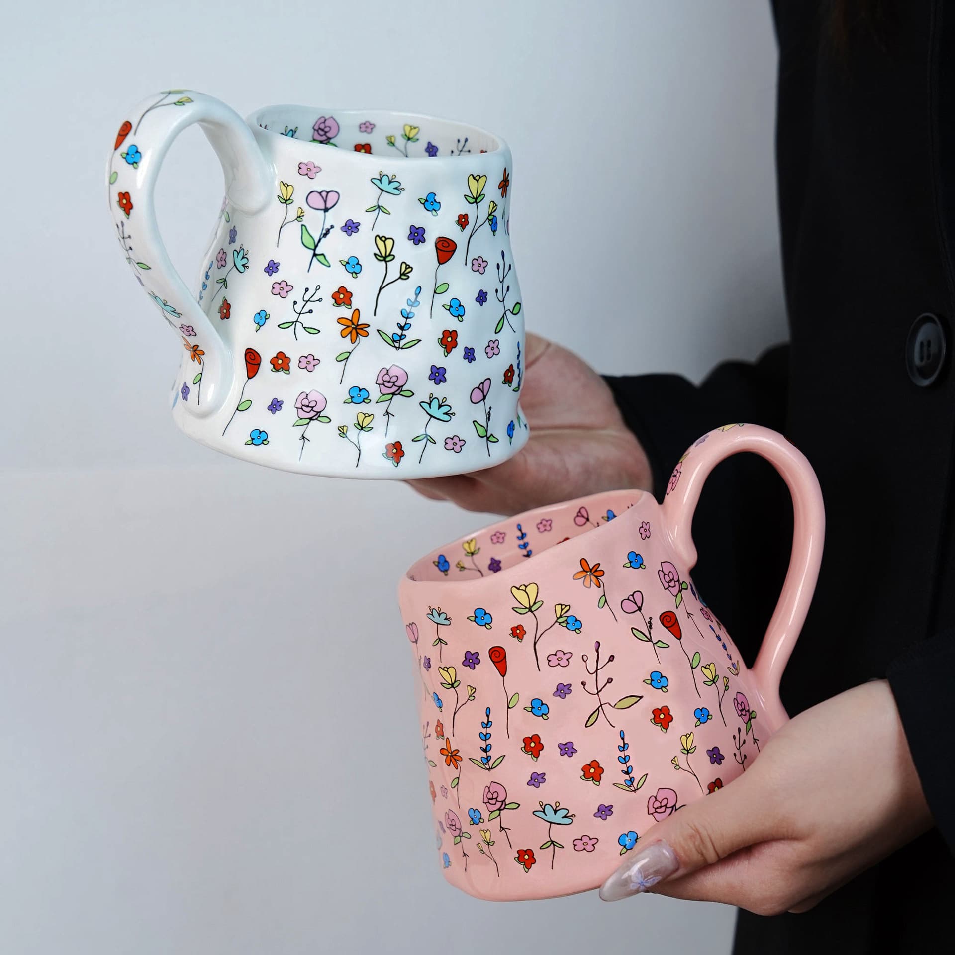 Ins-Style Floral Ceramic Mug, High-Aesthetic Large Capacity Coffee Cup, Office Morning Mug