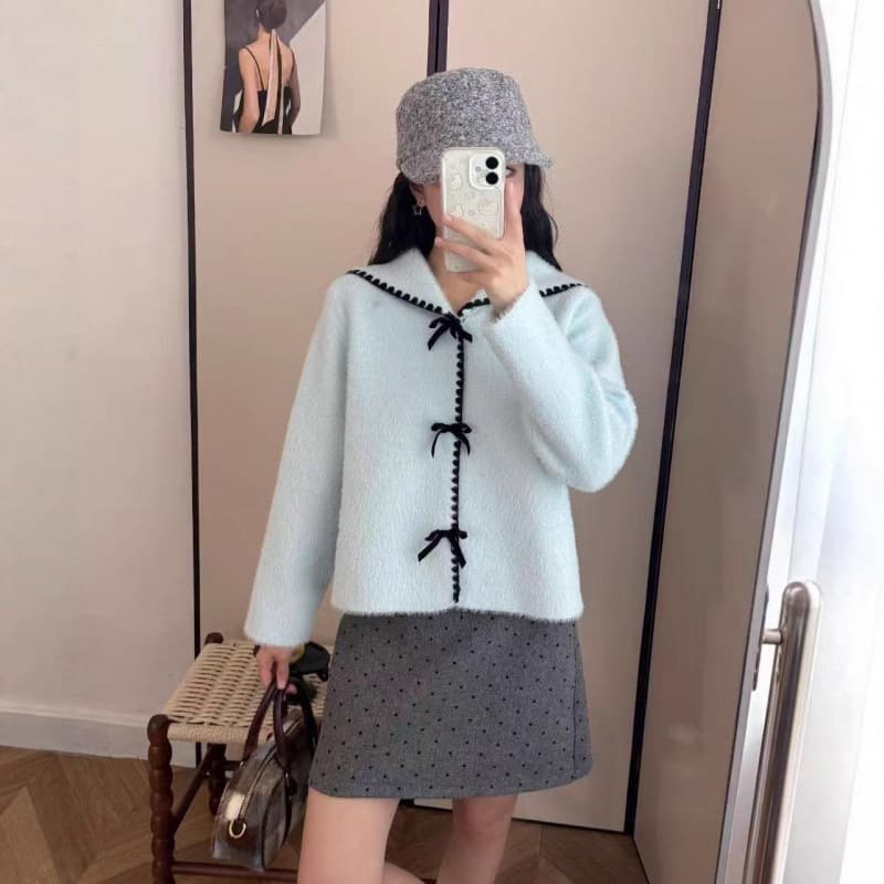 Autumn and winter new style small fragrant navy collar imitation mink sweater jacket college style bow chic knitted cardigan for women