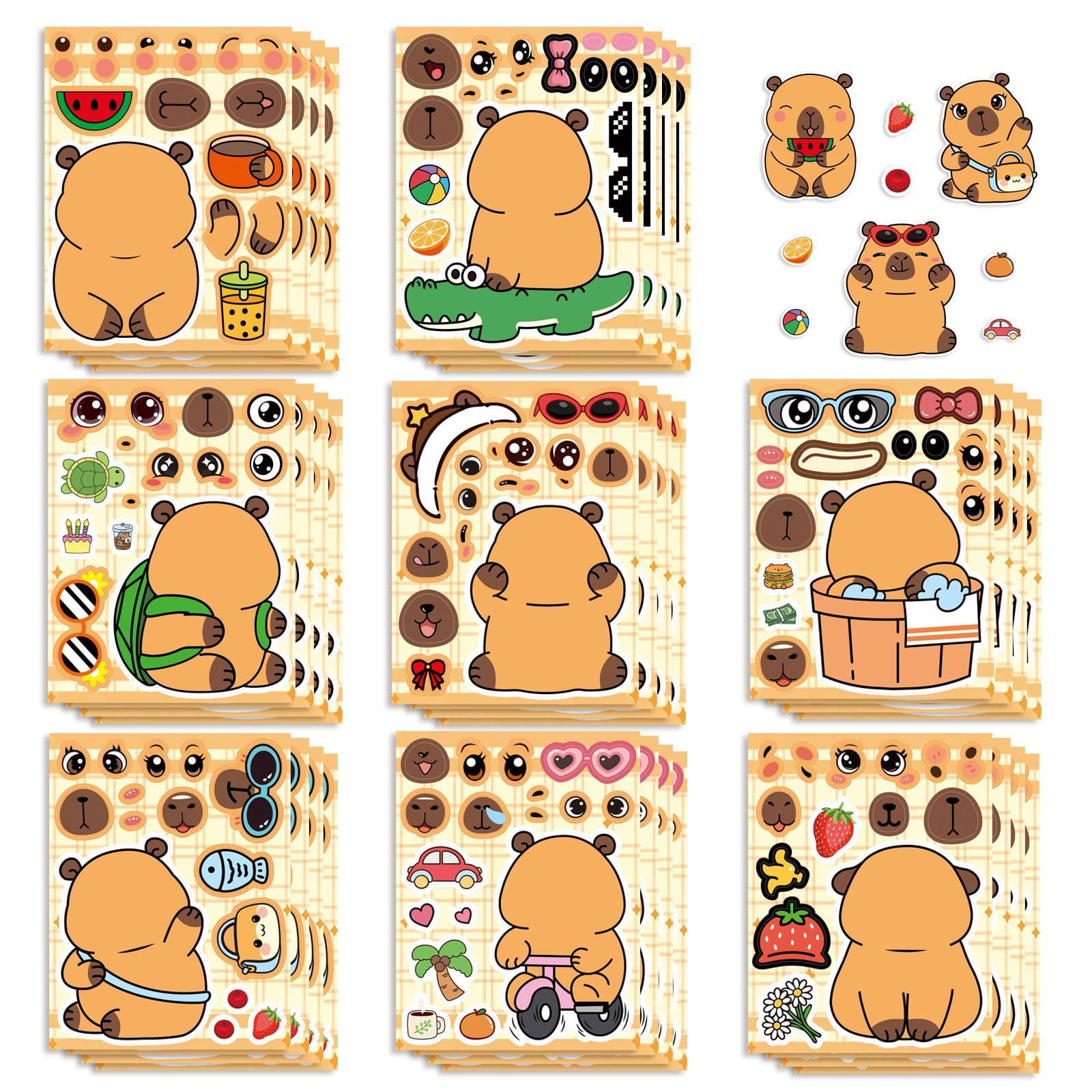 8 Capybara Face-Changing Stickers, Cute Make a Face Stickers, Educational DIY Stickers for Kids
