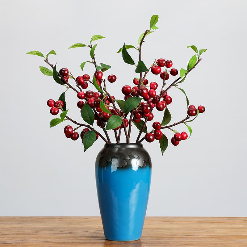 Artificial Cherry Branch with Leaves Red Fruit Small Branch Cherry Hotel Mall Decorative Potted Flower Arrangement
