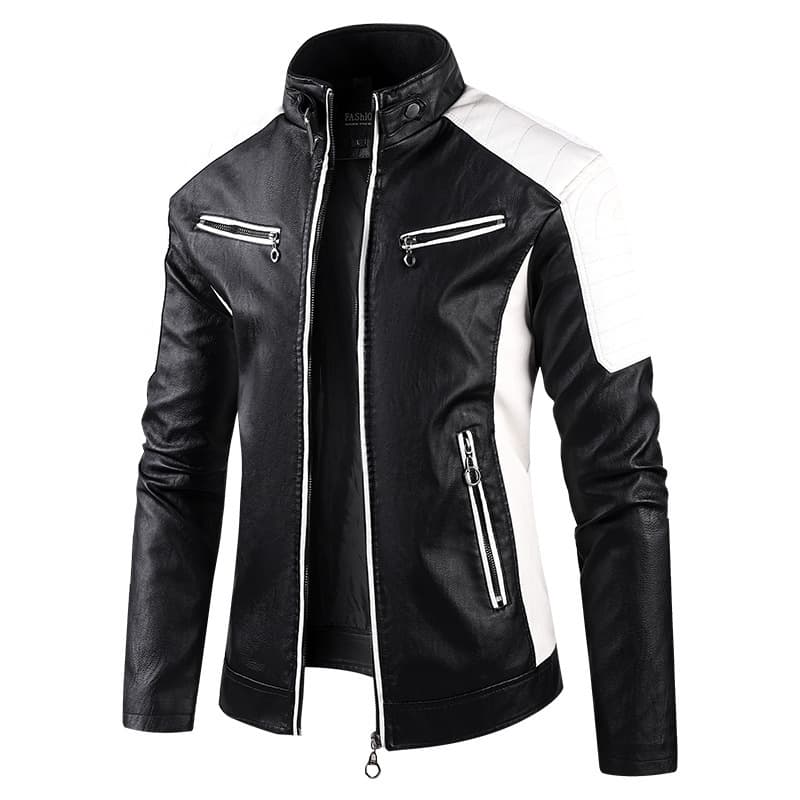 Wish Cross-Border In-Stock Spring/Autumn Casual Motorcycle Patchwork Leather Jacket for Men, Stand Collar Retro Warm Leather Jacket