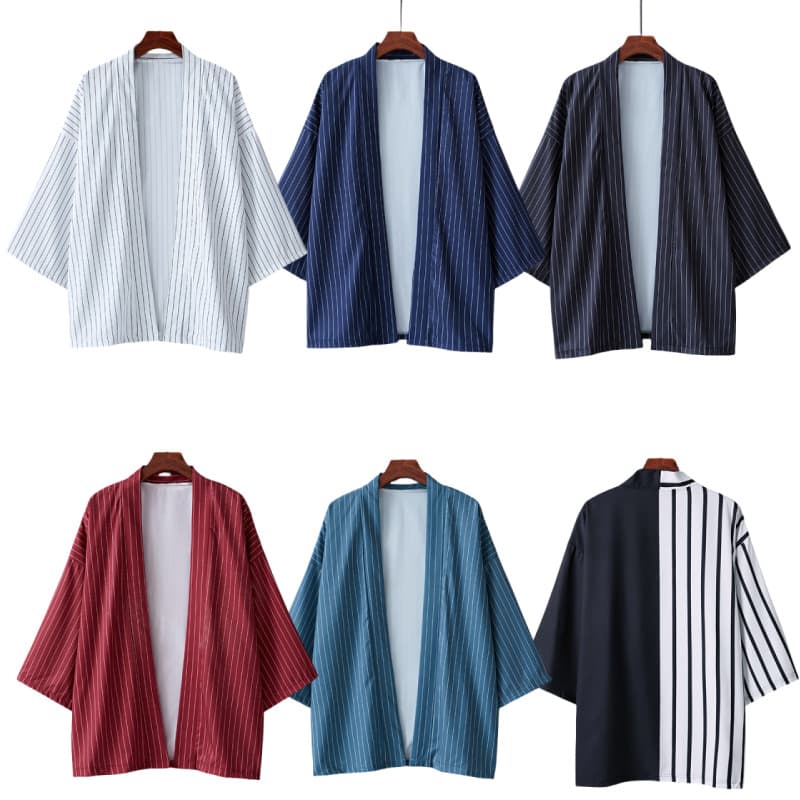 Japanese Hong Kong Style Retro Original Versatile Striped Couple Feather Robe Chinese Style Outerwear Kimono Cardigan Direct Sale