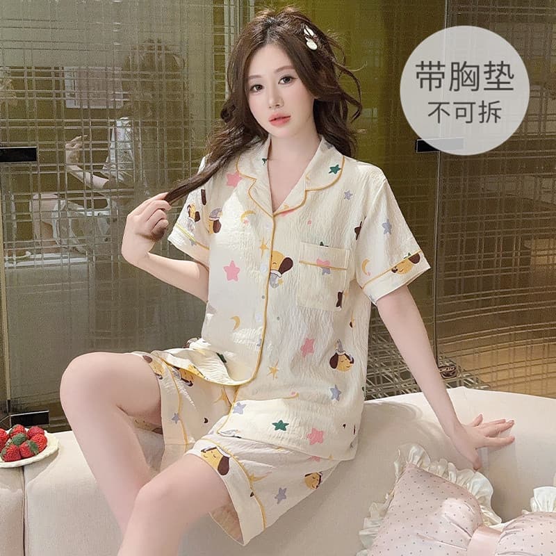 Women's Pajamas with Breast Pads, Summer Cloud Cotton Short-Sleeve Shorts, Loose Fit, Plus Size Up to 110kg for Home Wear