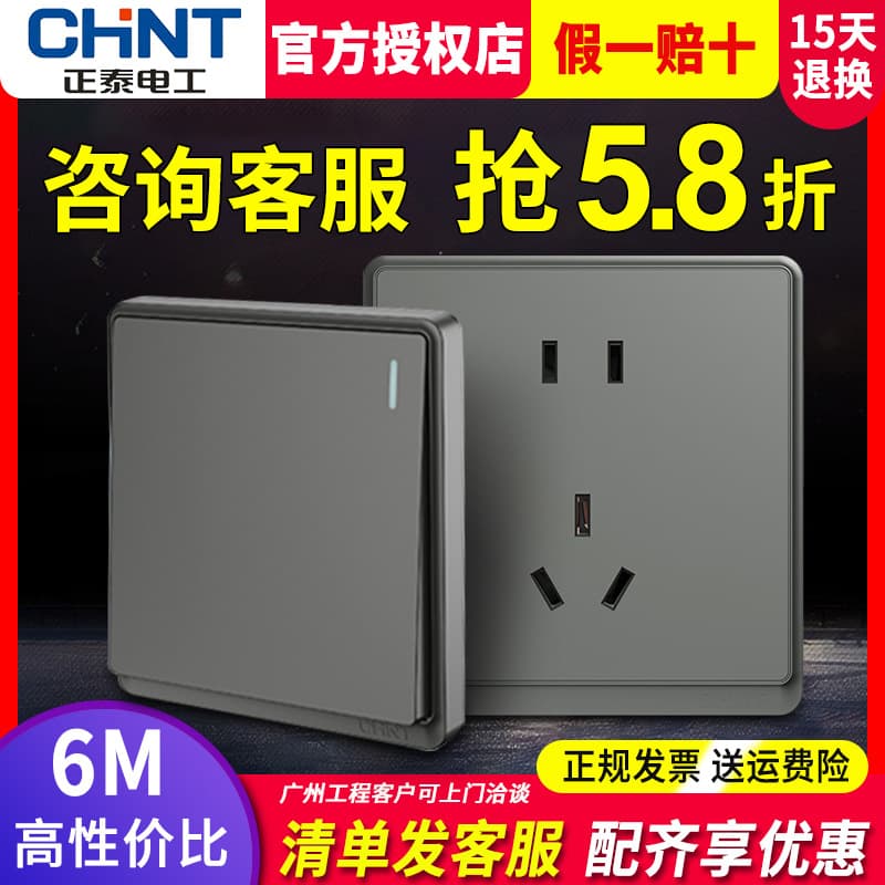 Chint Phantom Gray Switch Socket Panel Household Type 86 Space Silver Gray 6M Concealed Wall Plug Home Improvement Wholesale