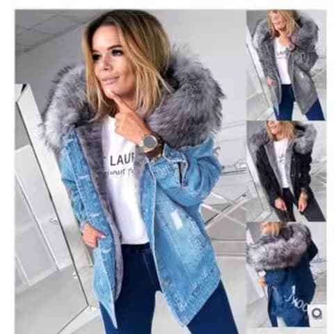 Q020 European and American Retro Large Fur Collar Denim Jacket Elegant Fleece-Lined Warm Mid-Long Distressed Vintage Coat Trendy