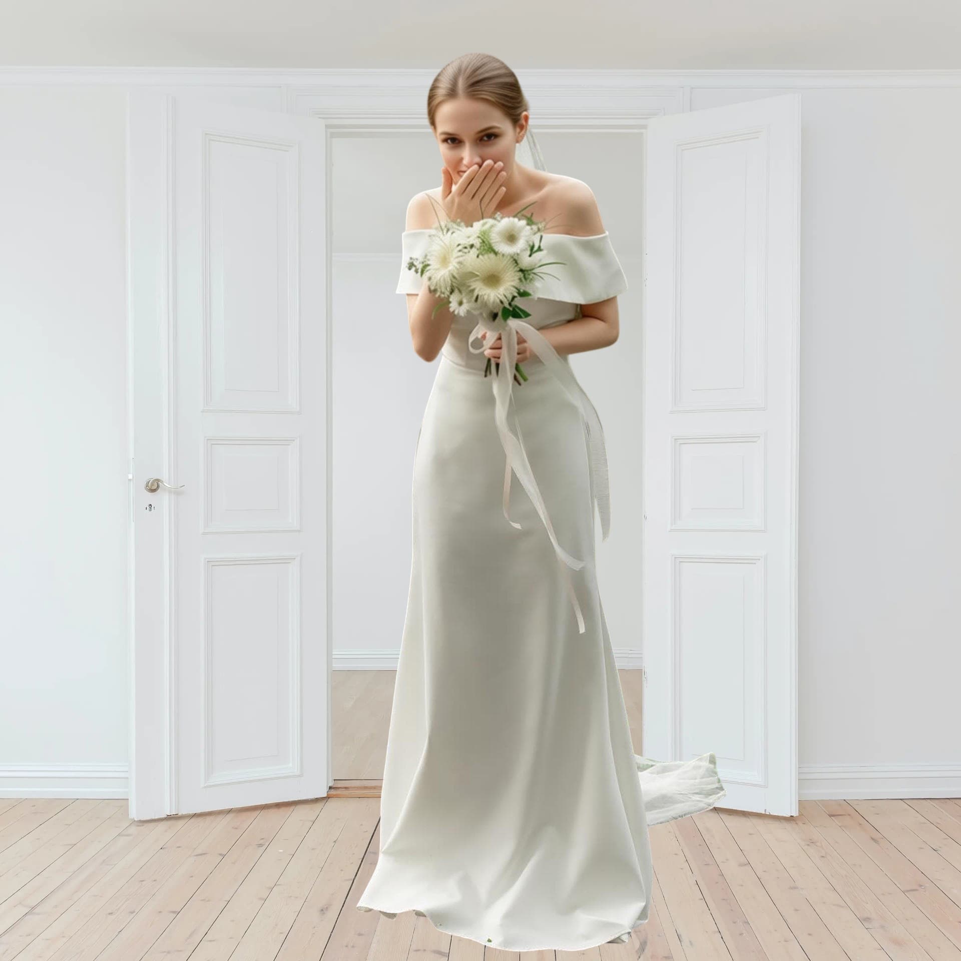 Korean Light Wedding Dress Simple Fishtail One-Shoulder Dress White Engagement Dress Light Veil Certificate Dress Light Wedding Dress