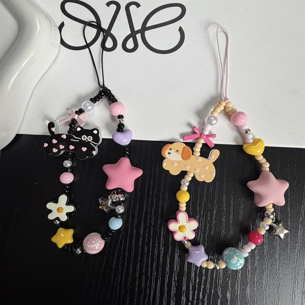 Ins Sweet Cool Black Pink Heart Polka Dot Cat Phone Bead Charm Keychain for Cute Girl Style, CCD Camera Pendant, Earphone Anti-Loss Strap