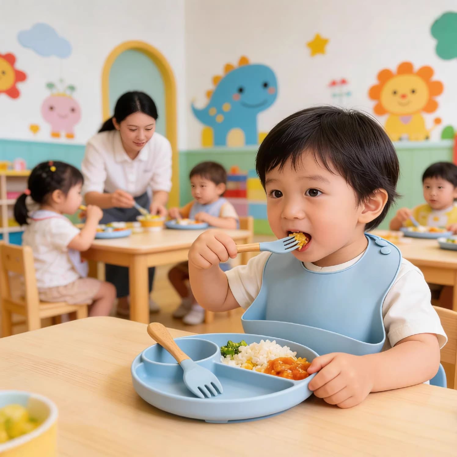 Dumo baby silicone round dinner plate, integrated silicone children's tableware, Nordic style four-piece silicone meal set