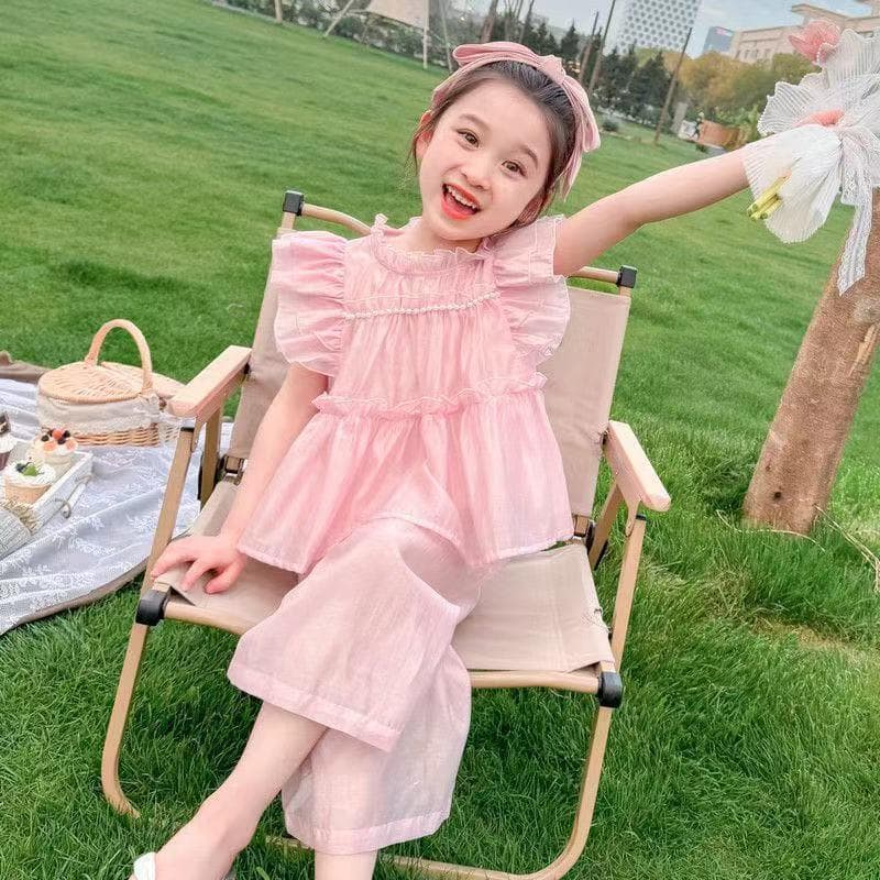 Girls 2025 New Style Spaghetti Strap Chiffon Dress Summer Set Off-Shoulder Knee-Length Long Dress Trendy Beach Dress
