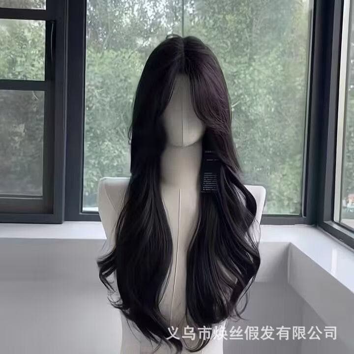 Black Tea Brown Natural Long Wig for Women, Full Cap Simulated Human Hair, Fluffy Center Part Large Wave Full Wig