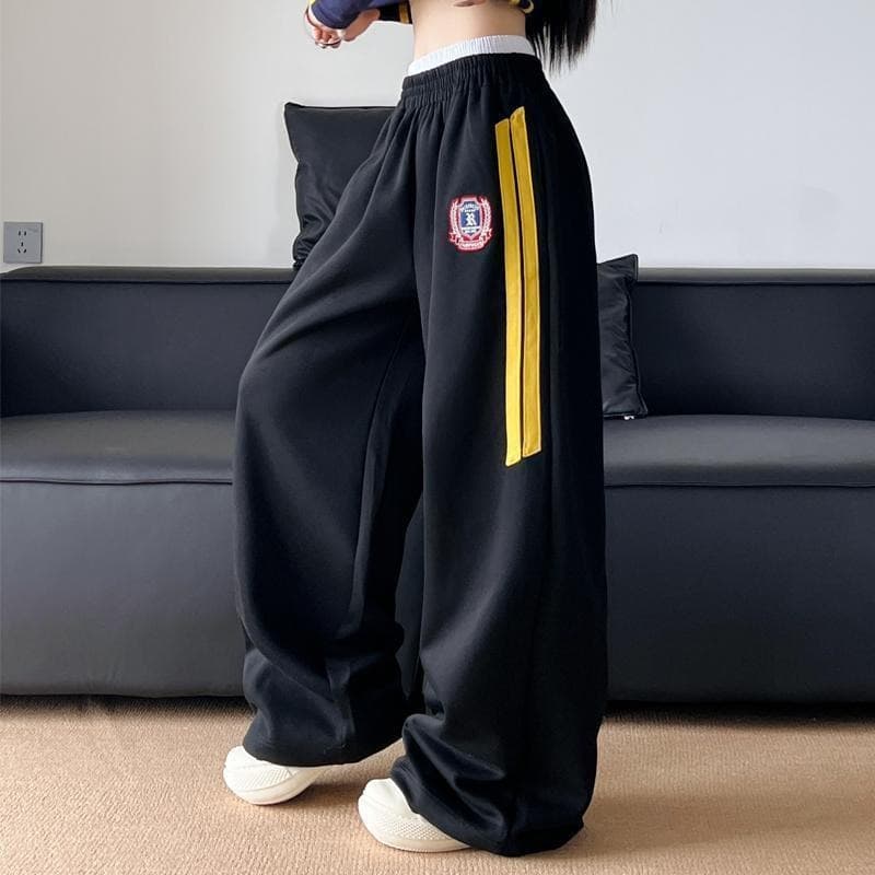 2026 New American Retro Striped Color-Block Embroidered Sweatpants Unisex Loose Straight Hip-Hop Dance Sweatpants