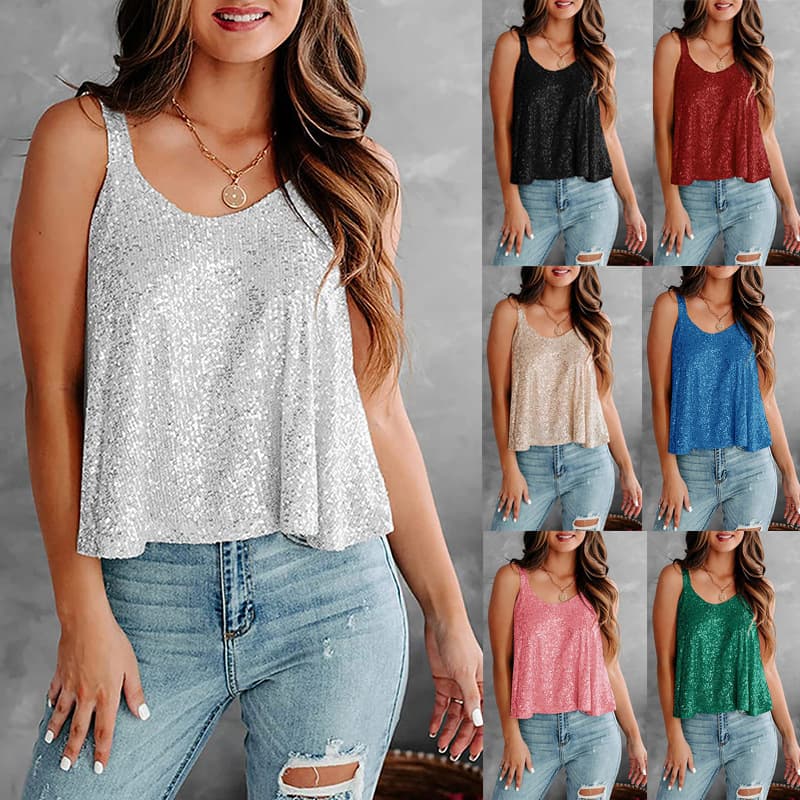 2025 Summer New Women's Tops for Export to Europe and America, Cross-border Hot Fashion Sparkly Sleeveless Vest