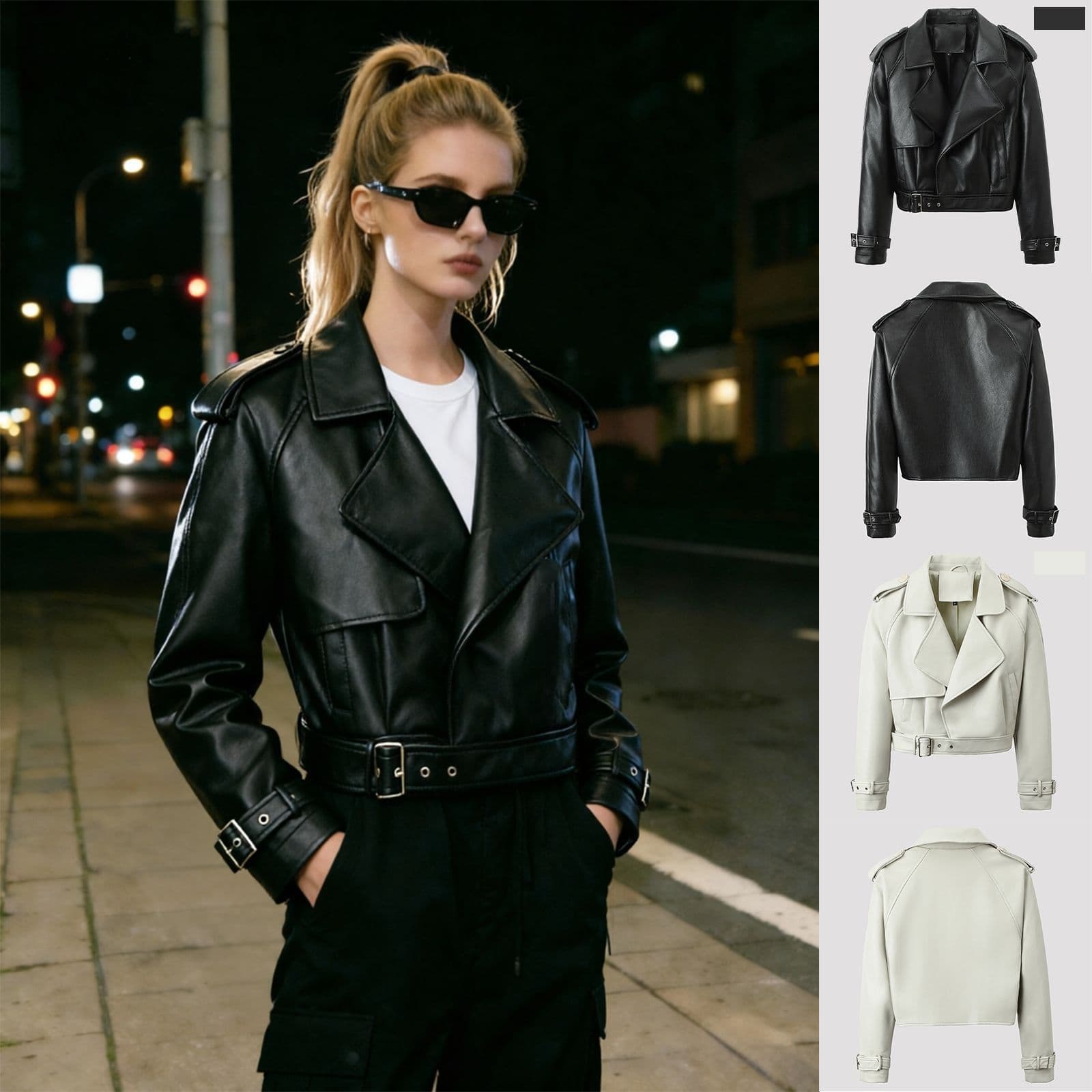 Short PU Leather Jacket with Waist-Cinching Notched Collar, Slimming Coat for Petite Women, Women's Trench Jacket