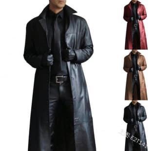 Men's Fashion Bold Godfather Style Solid Color Trench Coat Style Slim Leather Long Jacket Men's Coat W170
