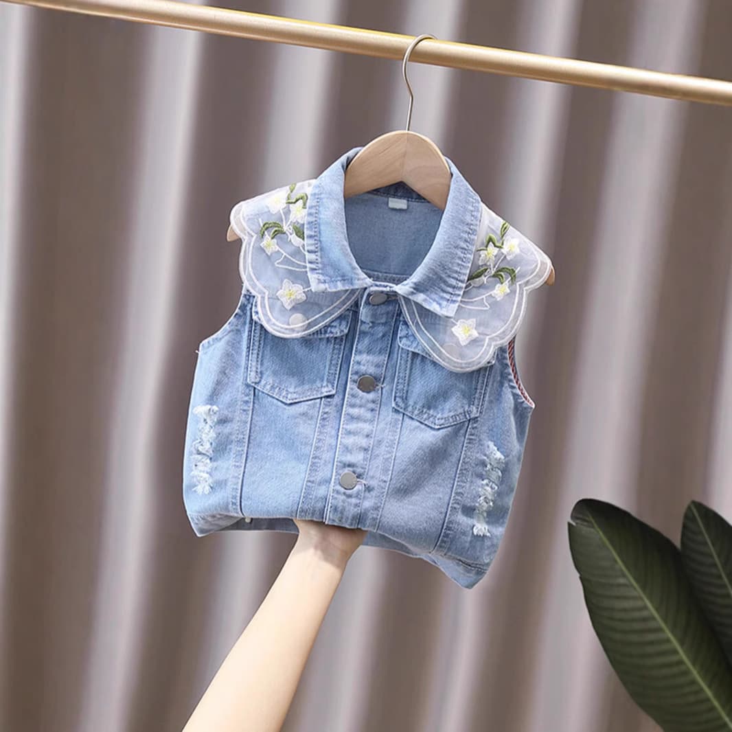 Girl's Denim Vest Spring/Autumn New Style Children's Shoulder Pad Vest Outerwear Embroidered Girl Baby Girl Autumn Vest Versatile