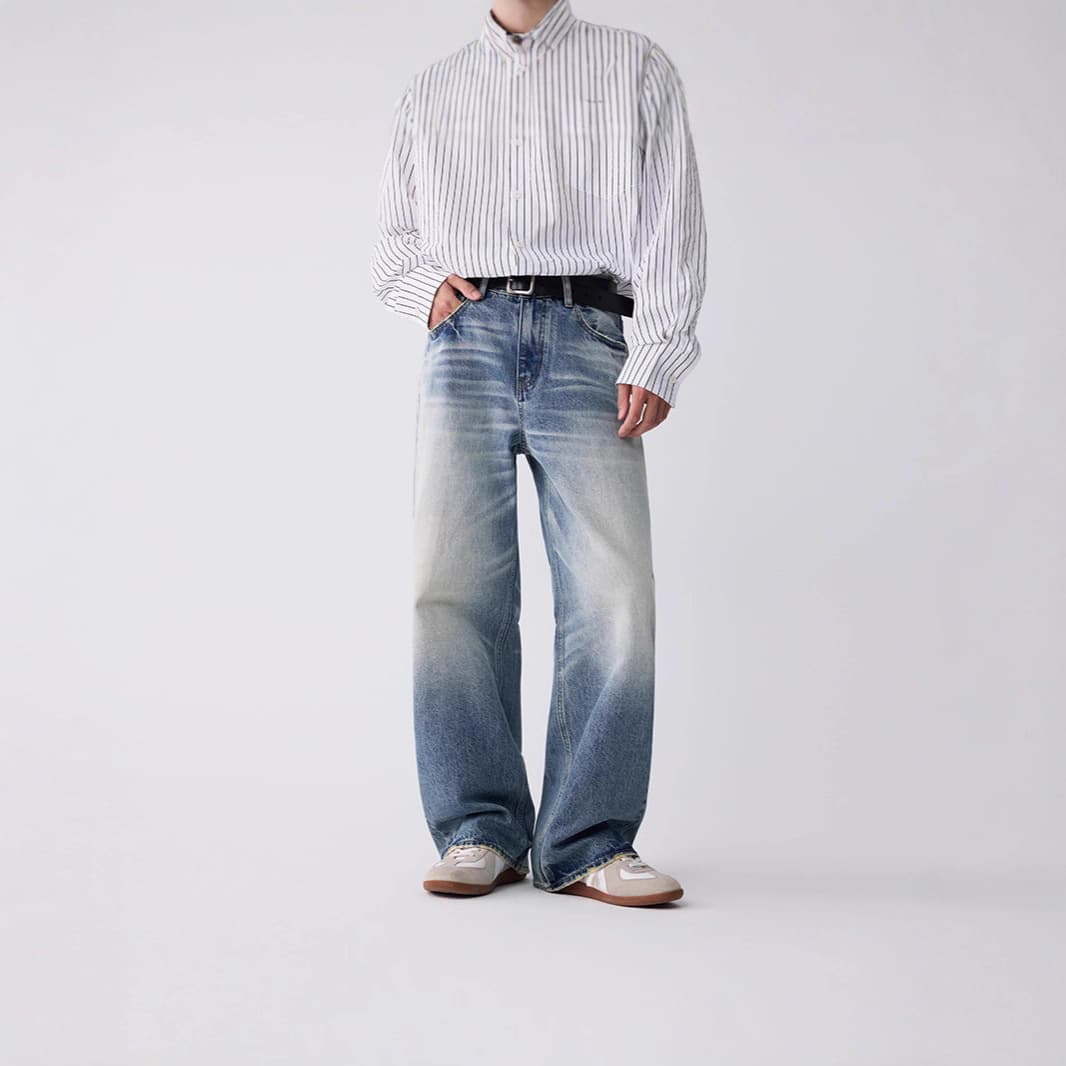 OT Wide Leg Jeans Men Washed Blue Casual Pants Teen Straight Leg Versatile Men's Clothing Washed Blue Straight