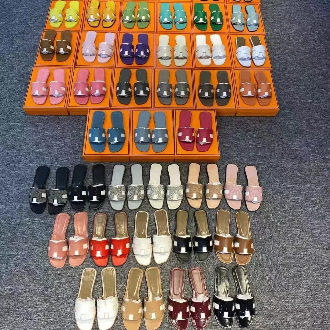 Classic H-brand women's summer high-end flat sandals with one-stripe design, sheepskin leather, quick shipping