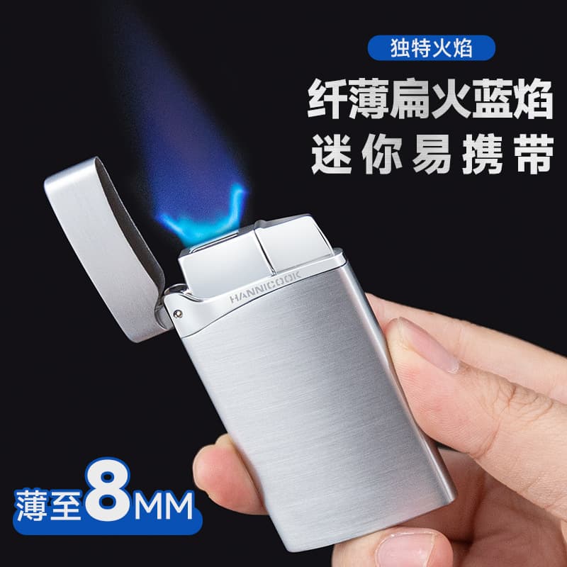 HANNICOOK ultra-thin lighter zinc alloy windproof straight flat flame blue flame inflatable lighter gift box