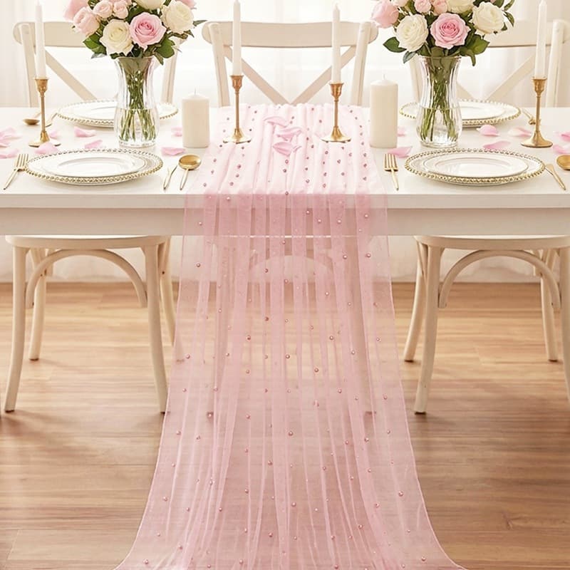 Pink pearl three-dimensional mesh table flag birthday party wedding decorations banquet table atmosphere decoration table flag