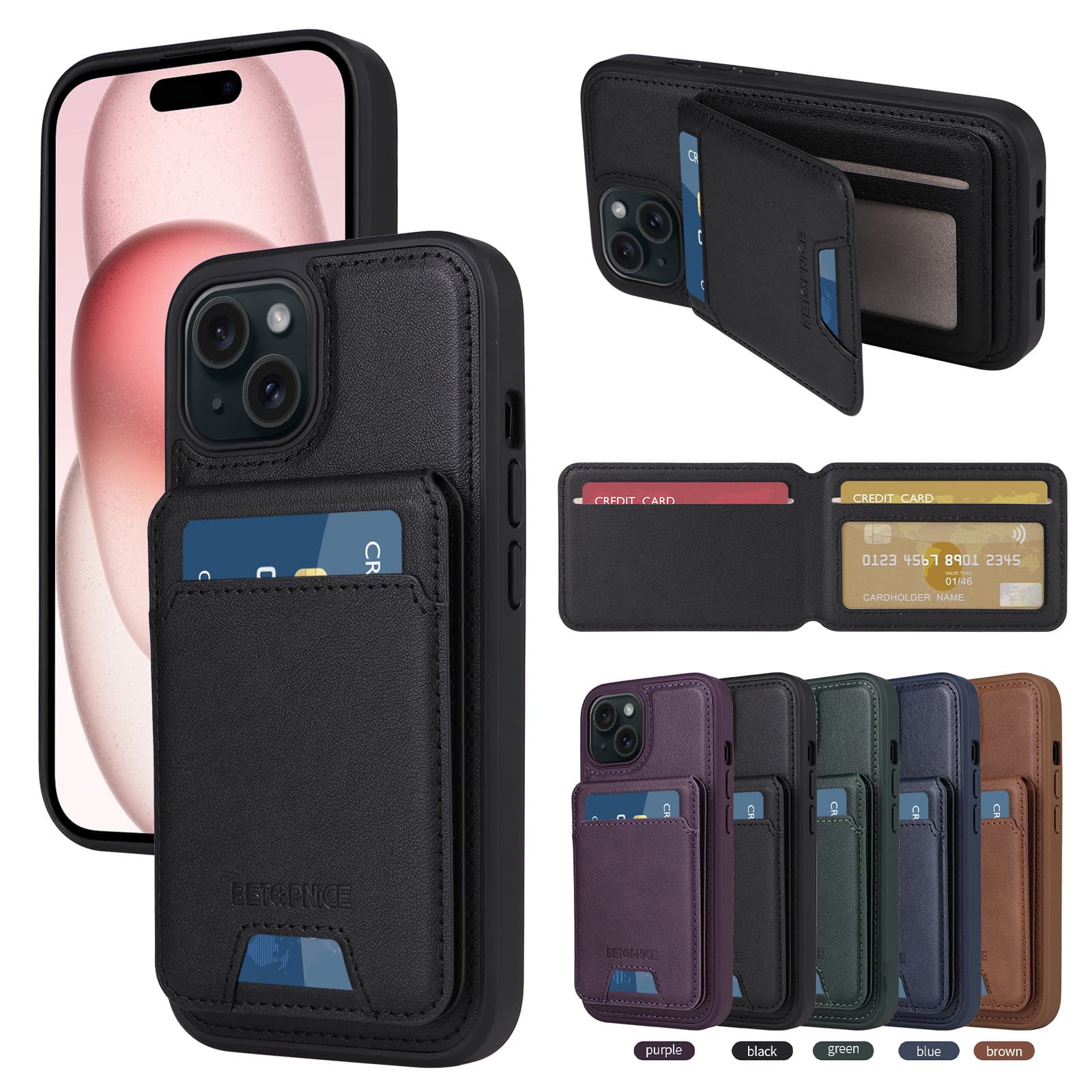 Magnetic detachable card holder case for iPhone 17, iPhone Air/16E/15, with flip-up design