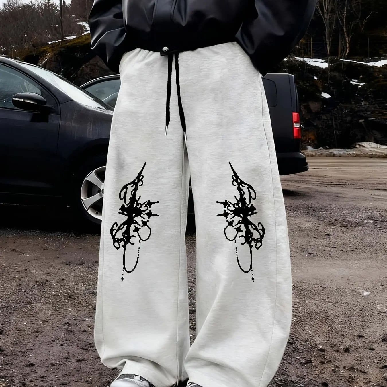 Spring and Autumn New Y2K Dark Gothic Dragon Print Loose Slim Men's and Women's Lace-Up Sports Pants Wide-Legged Sweatpants