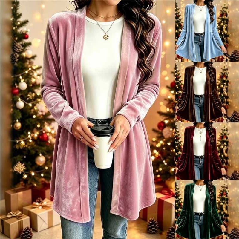 2026 New Cross-border TikTok Women's Velvet Cardigan Lazy Style Versatile Solid Color Mid-long Knit Top