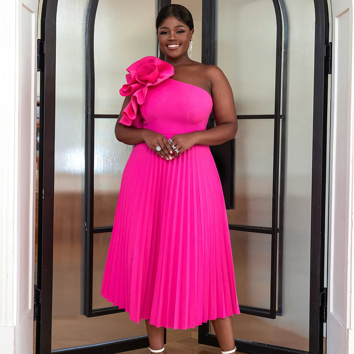 European and American Plus Size Women's Fashion 3D Floral Dress One-Shoulder Asymmetrical Neckline Pleated Dress