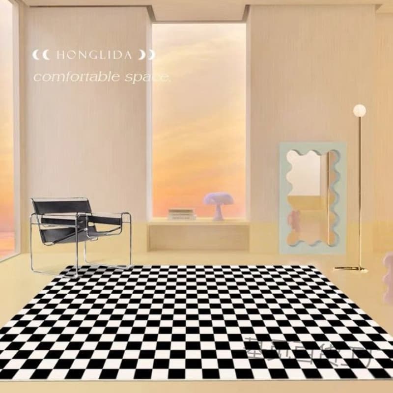Modern Creative Checkered Rug for Bedroom, Black and White Grid Ins Style Living Room Floor Mat, Home Decor